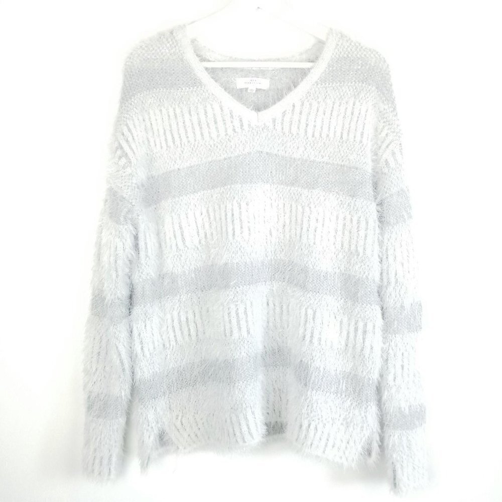NEW Directions S Eyelash Fringe Knit sweater Gray Stripes Soft & Cozy